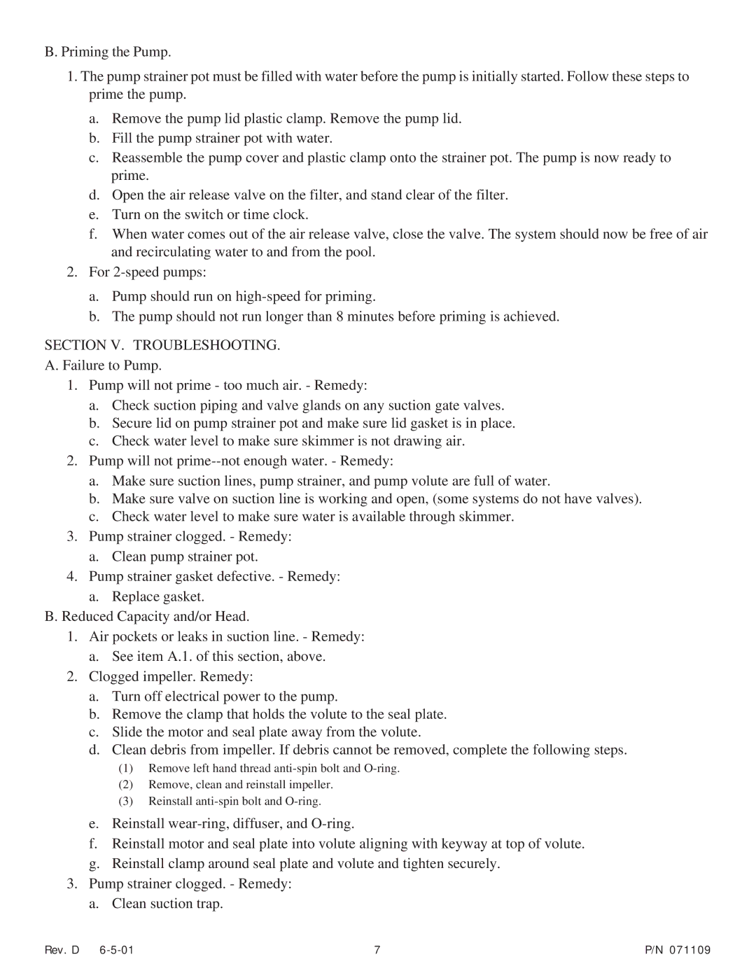 Pentair Pump important safety instructions Section V. Troubleshooting 