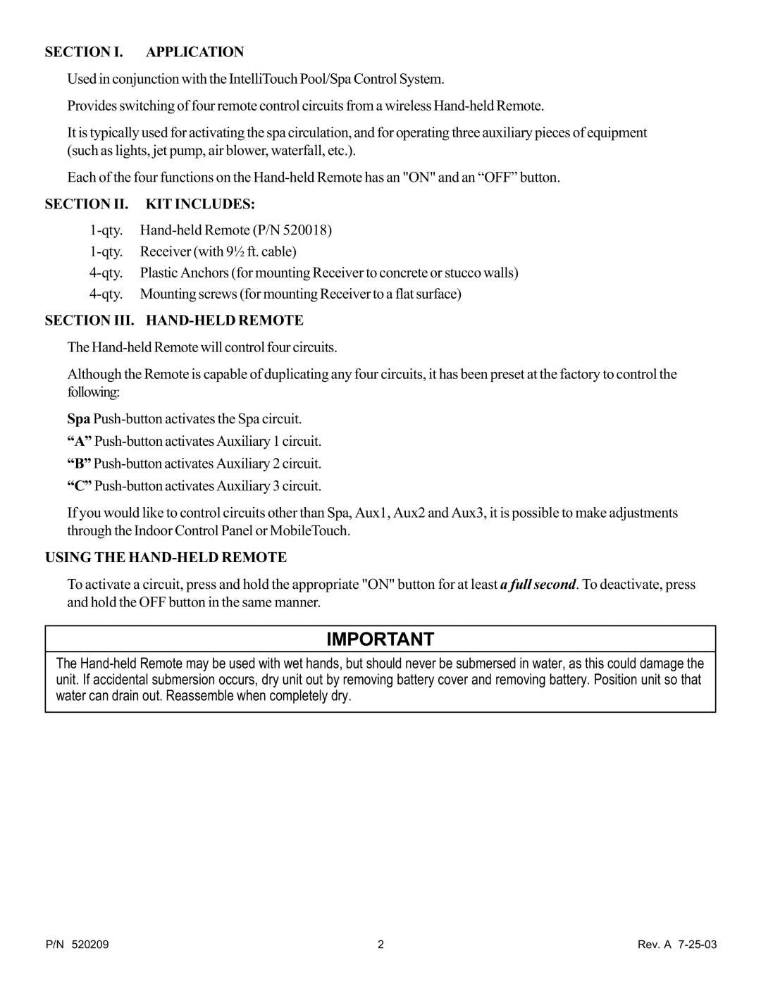 Pentair QT4 Section I. Application, Section KIT Includes, Section III. HAND-HELD Remote, Using the HAND-HELD Remote 