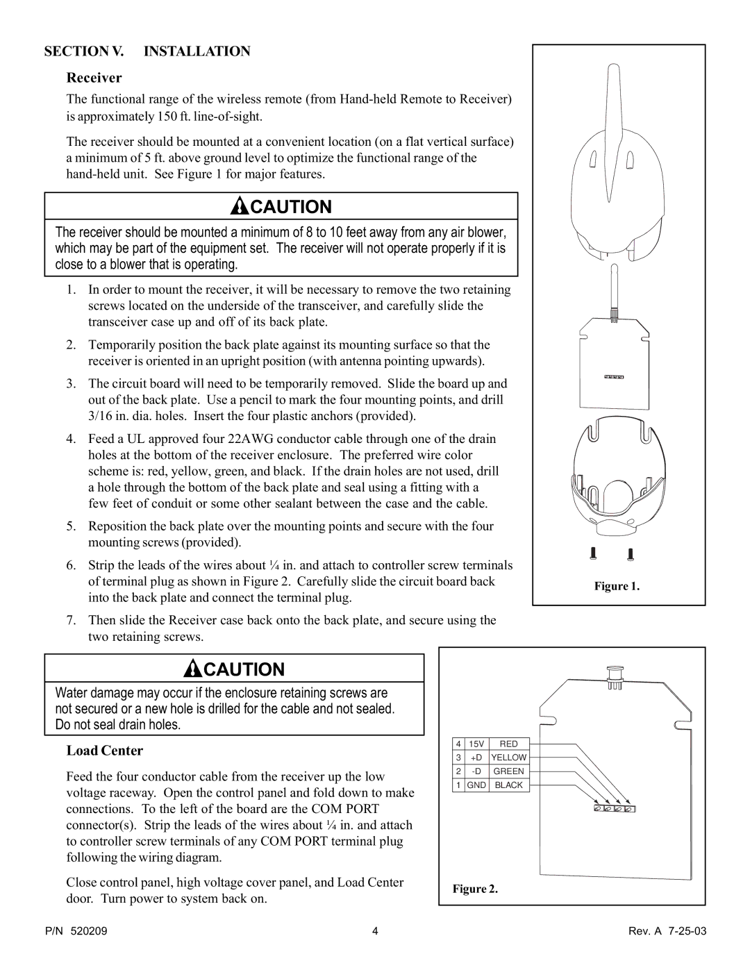 Pentair QT4 important safety instructions Section V. Installation, Receiver, Load Center 