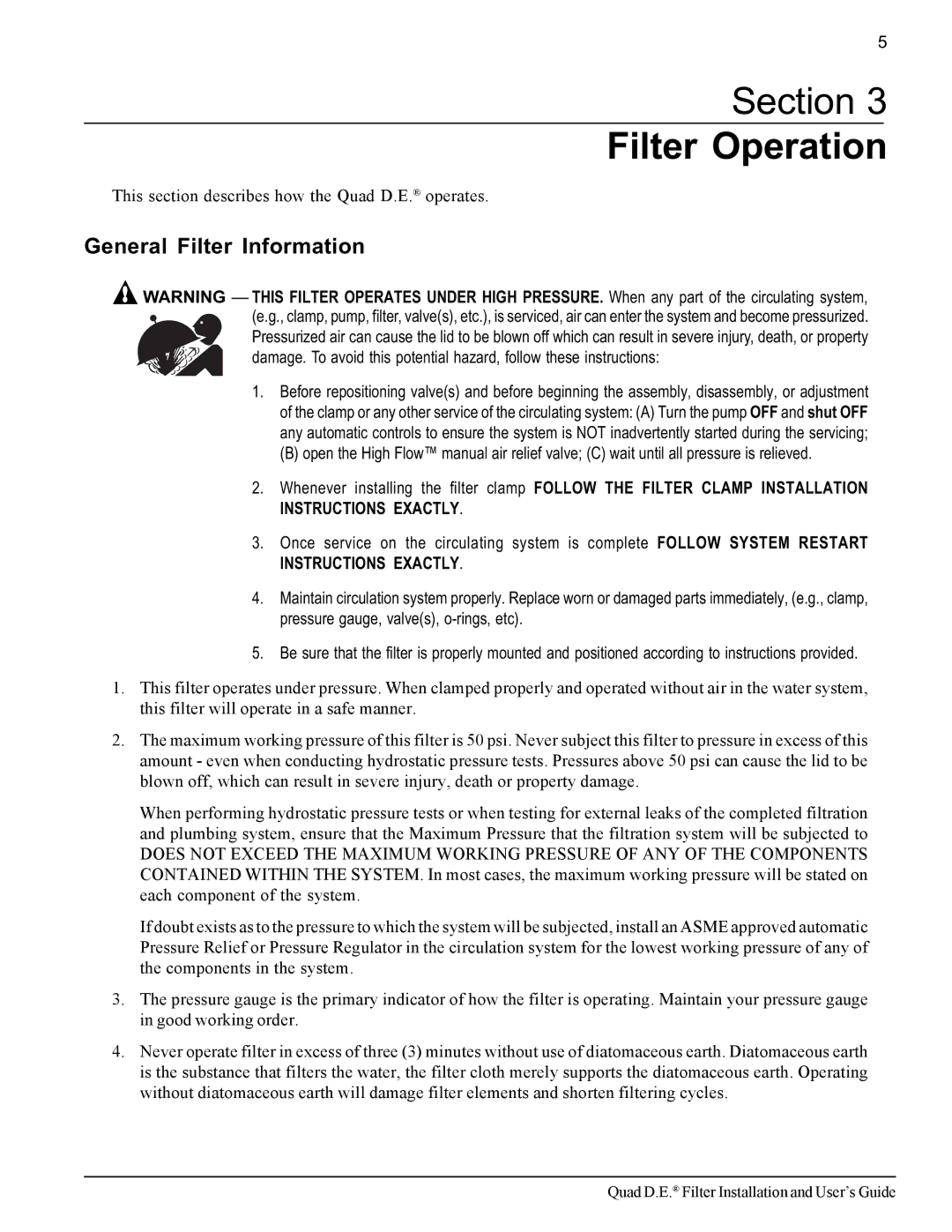 Pentair Quad D.E important safety instructions Section Filter Operation, General Filter Information 