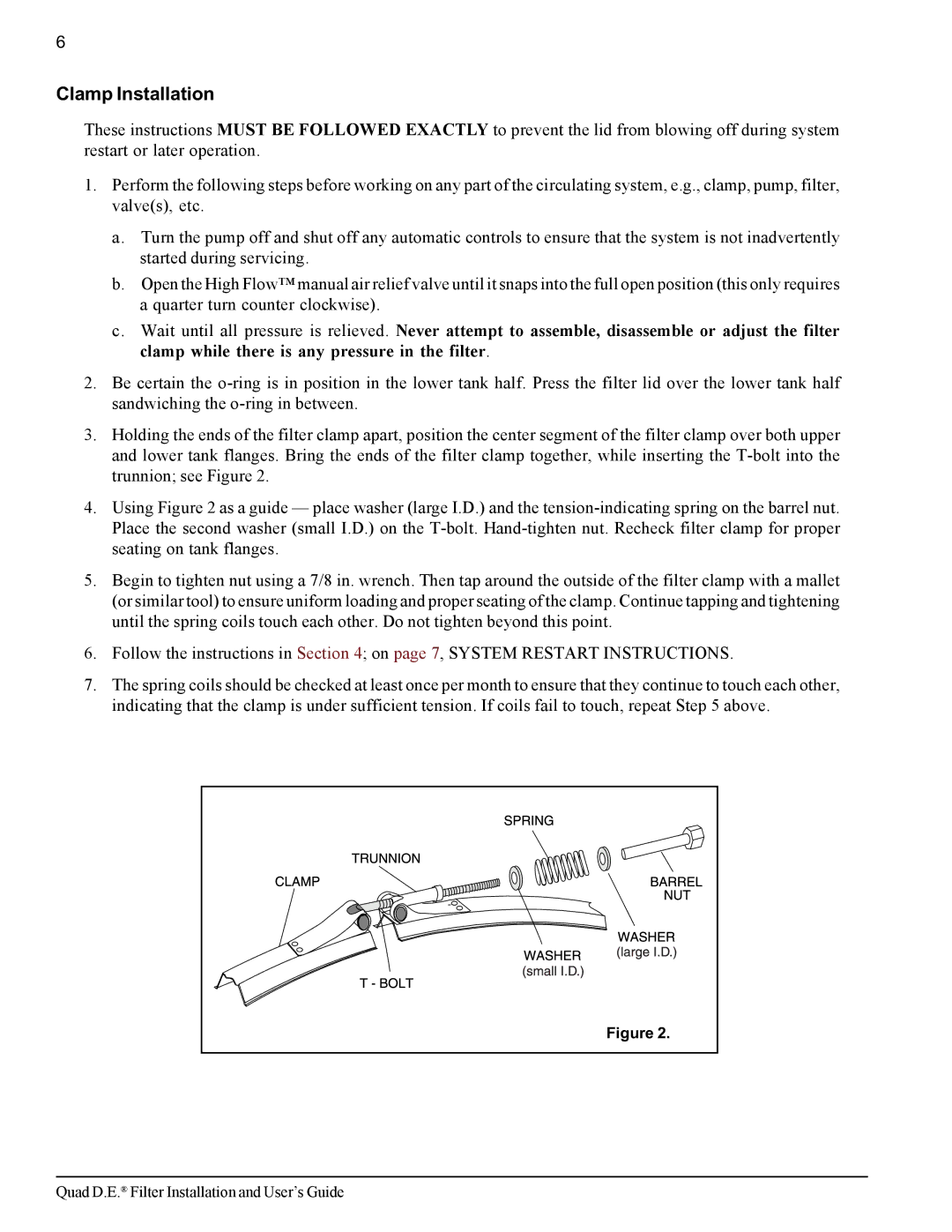 Pentair Quad D.E important safety instructions Clamp Installation 