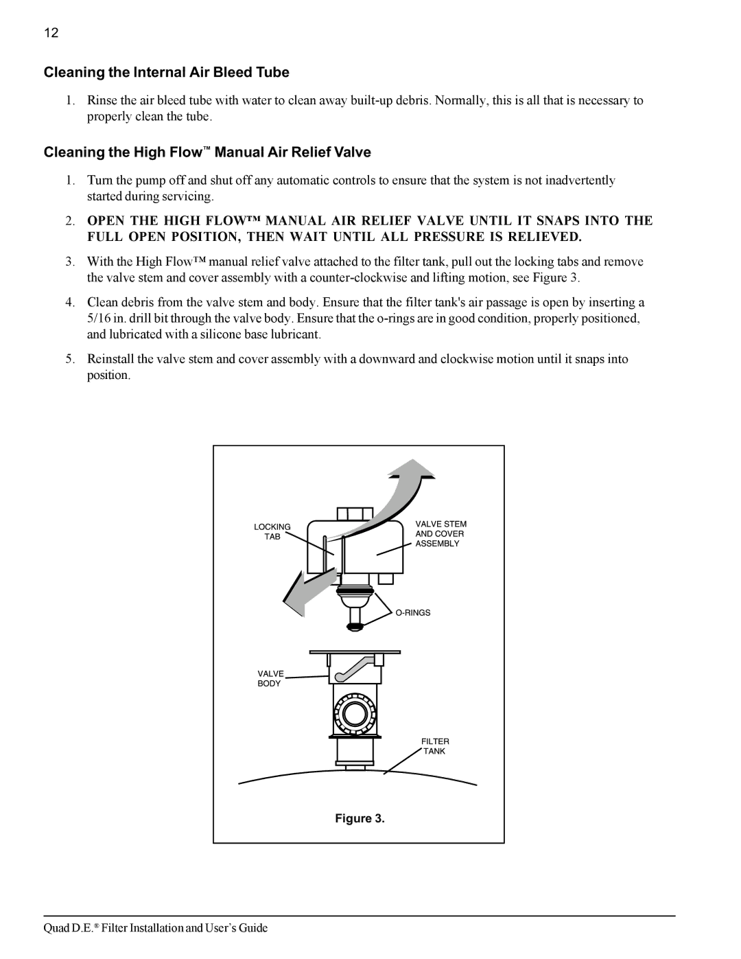 Pentair Quad D.E Cleaning the Internal Air Bleed Tube, Cleaning the High Flow Manual Air Relief Valve 