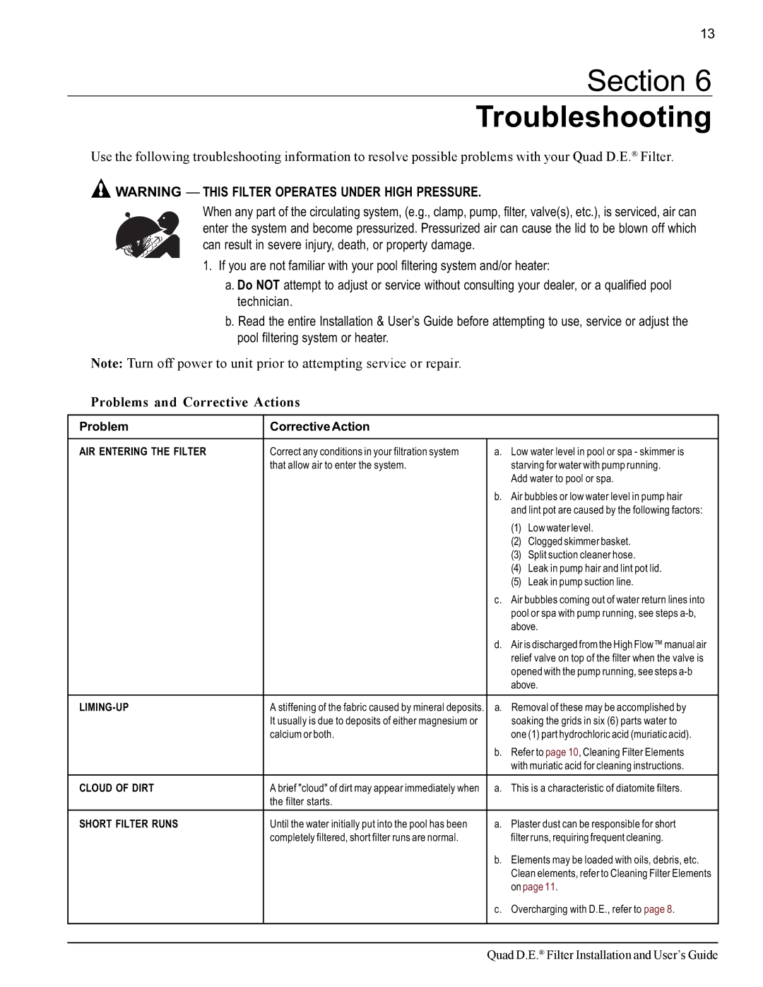 Pentair Quad D.E important safety instructions Section Troubleshooting, Problems and Corrective Actions 