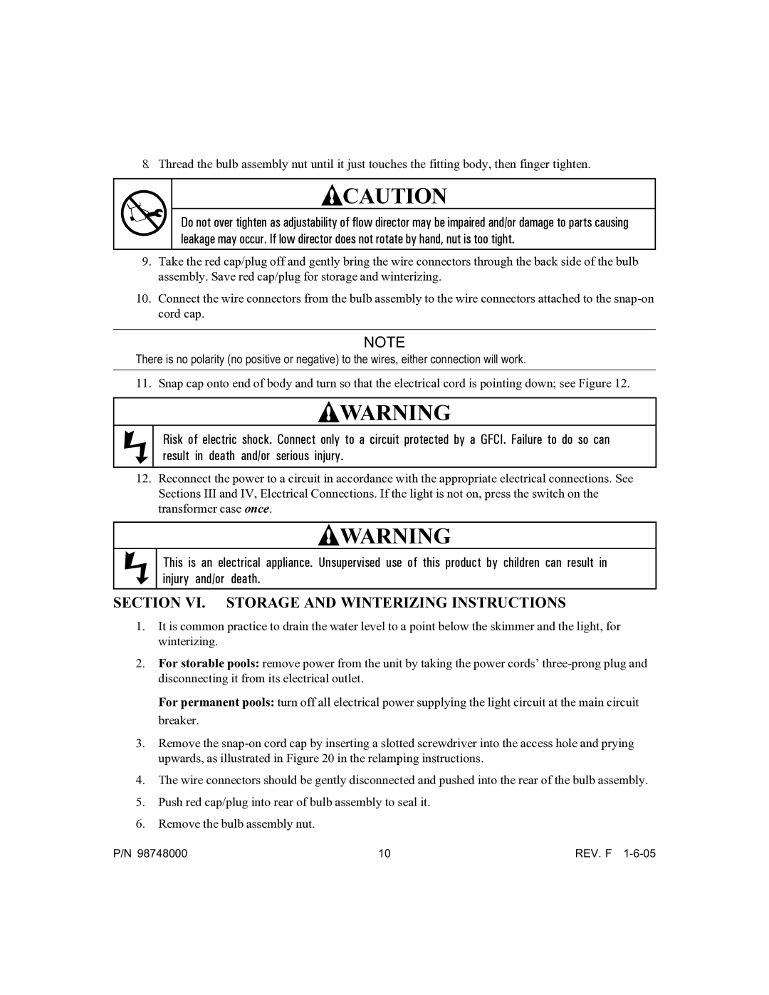 Pentair Quasar owner manual Section VI. Storage and Winterizing Instructions 