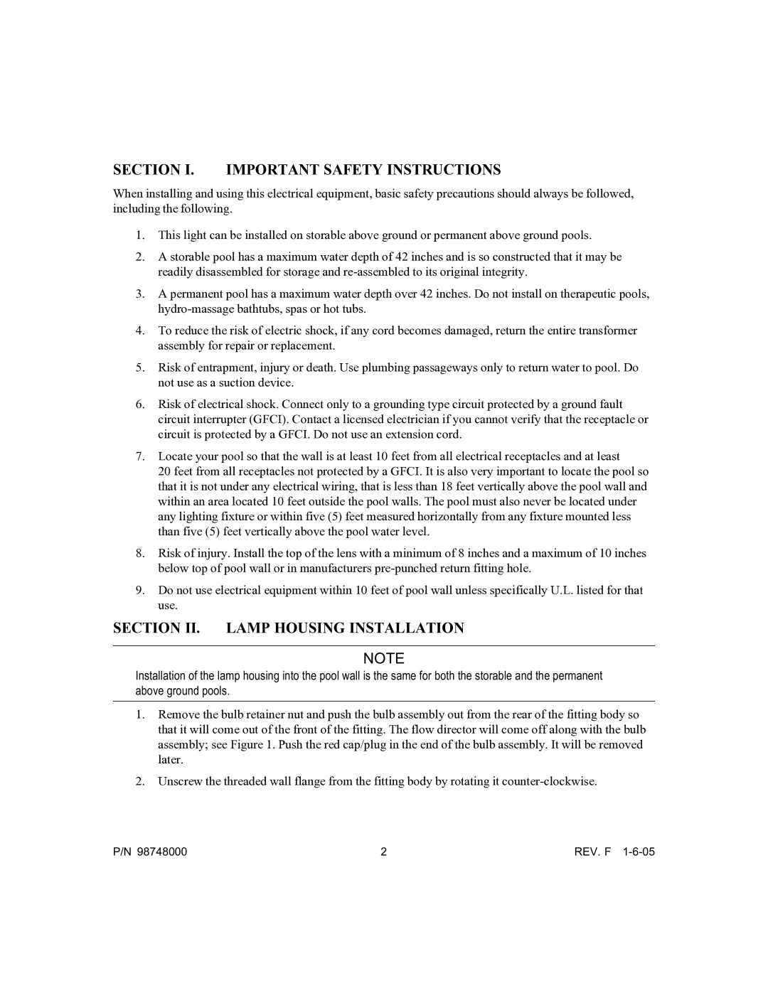 Pentair Quasar owner manual Section I. Important Safety Instructions, Section II. Lamp Housing Installation 