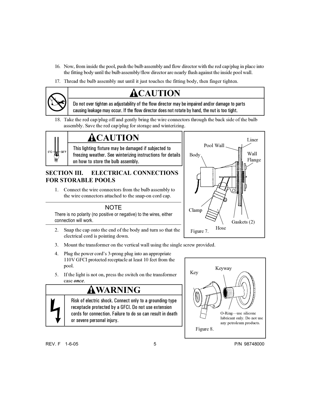 Pentair Quasar owner manual Section III. Electrical Connections for Storable Pools 