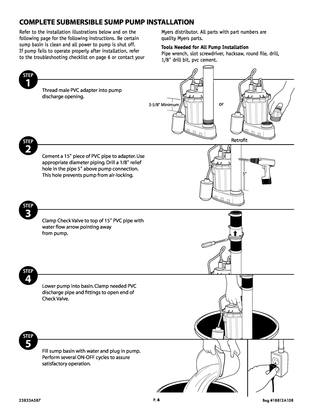 Pentair S33 service manual Complete Submersible Sump Pump Installation, Tools Needed for All Pump Installation, Step 
