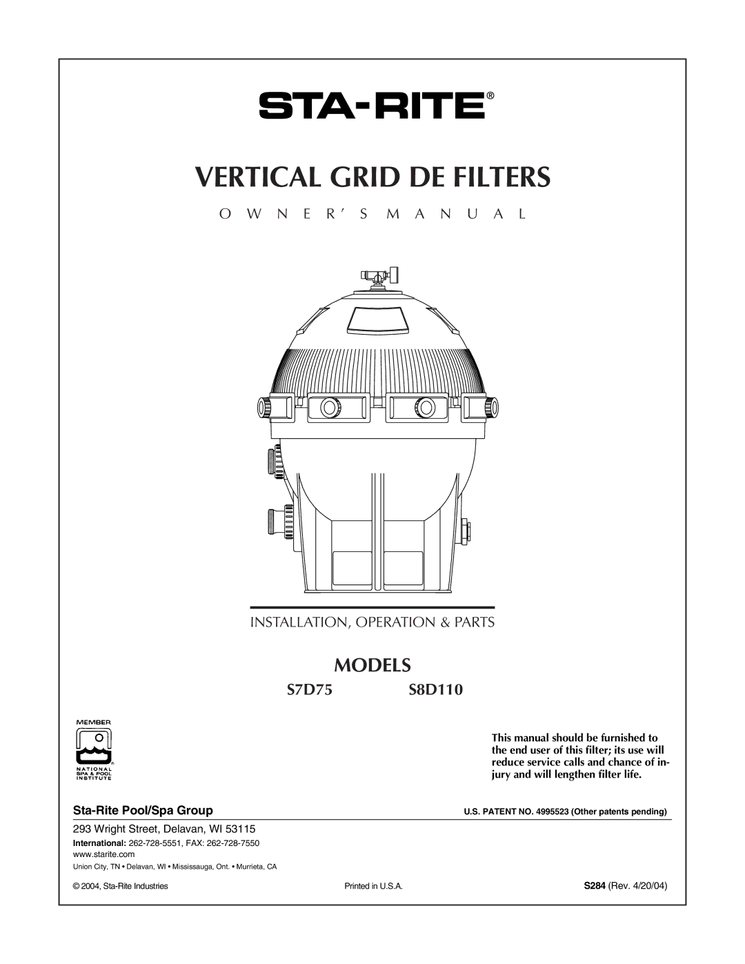 Pentair S7D75, S8D110 owner manual Vertical Grid DE Filters 