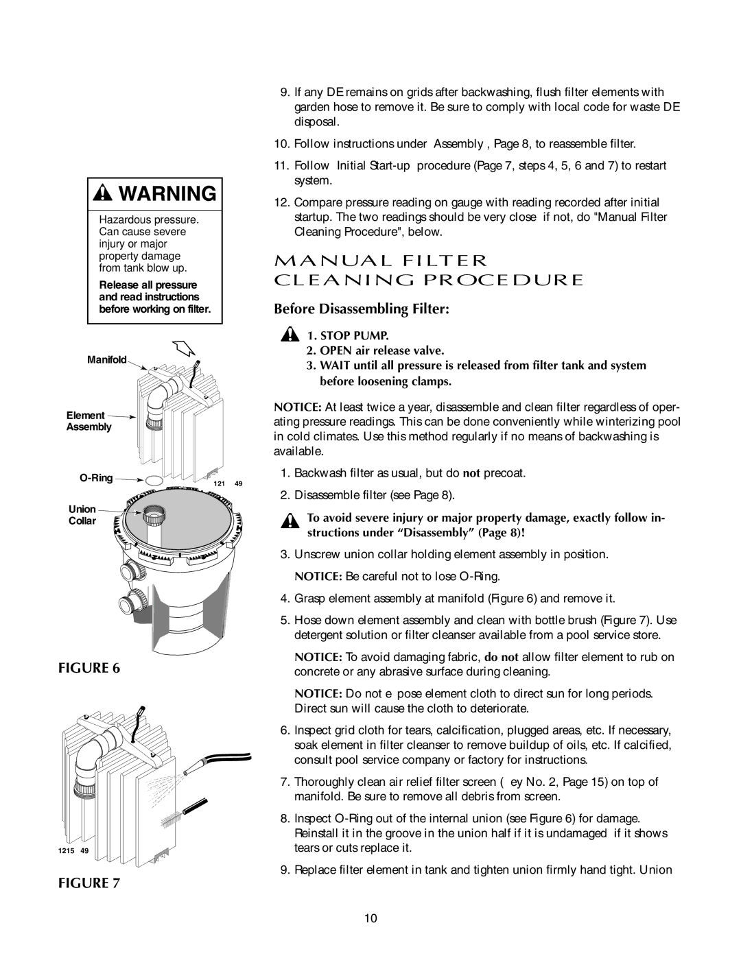 Pentair S8D110, S7D75 owner manual Manual Filter Cleaning Procedure, Before Disassembling Filter 