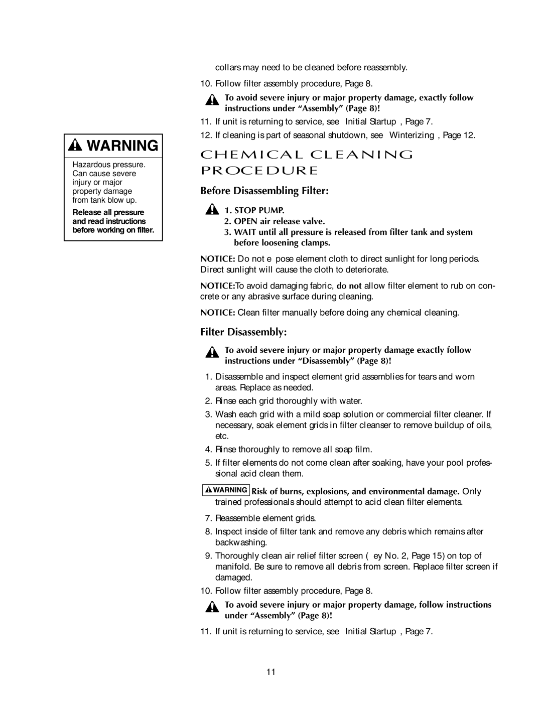 Pentair S7D75, S8D110 owner manual Chemical Cleaning Procedure, Filter Disassembly 