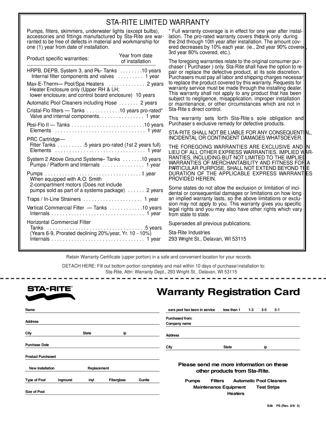 Pentair S8D110, S7D75 owner manual Warranty Registration Card 