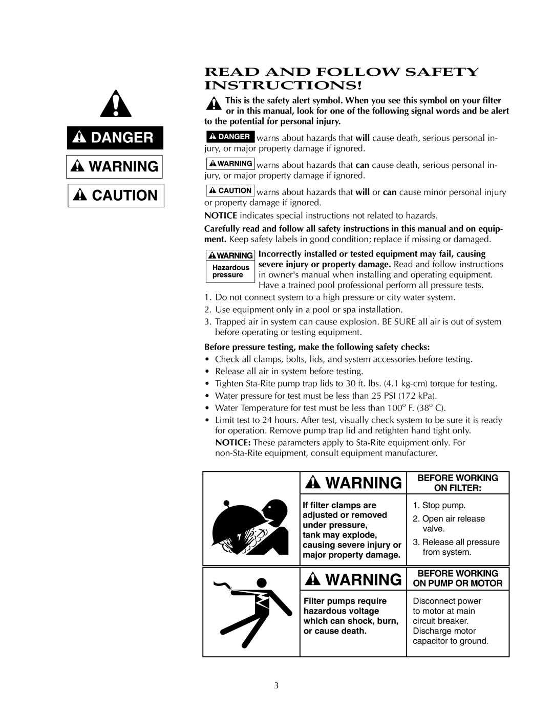 Pentair S7D75, S8D110 owner manual Read and Follow Safety Instructions, To the potential for personal injury 