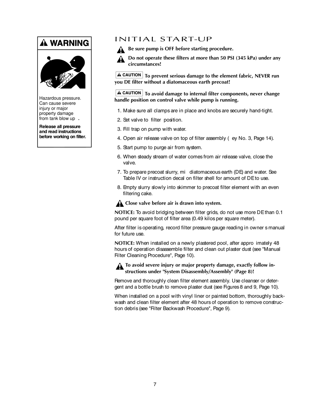 Pentair S7D75, S8D110 owner manual Initial START-UP, Close valve before air is drawn into system 