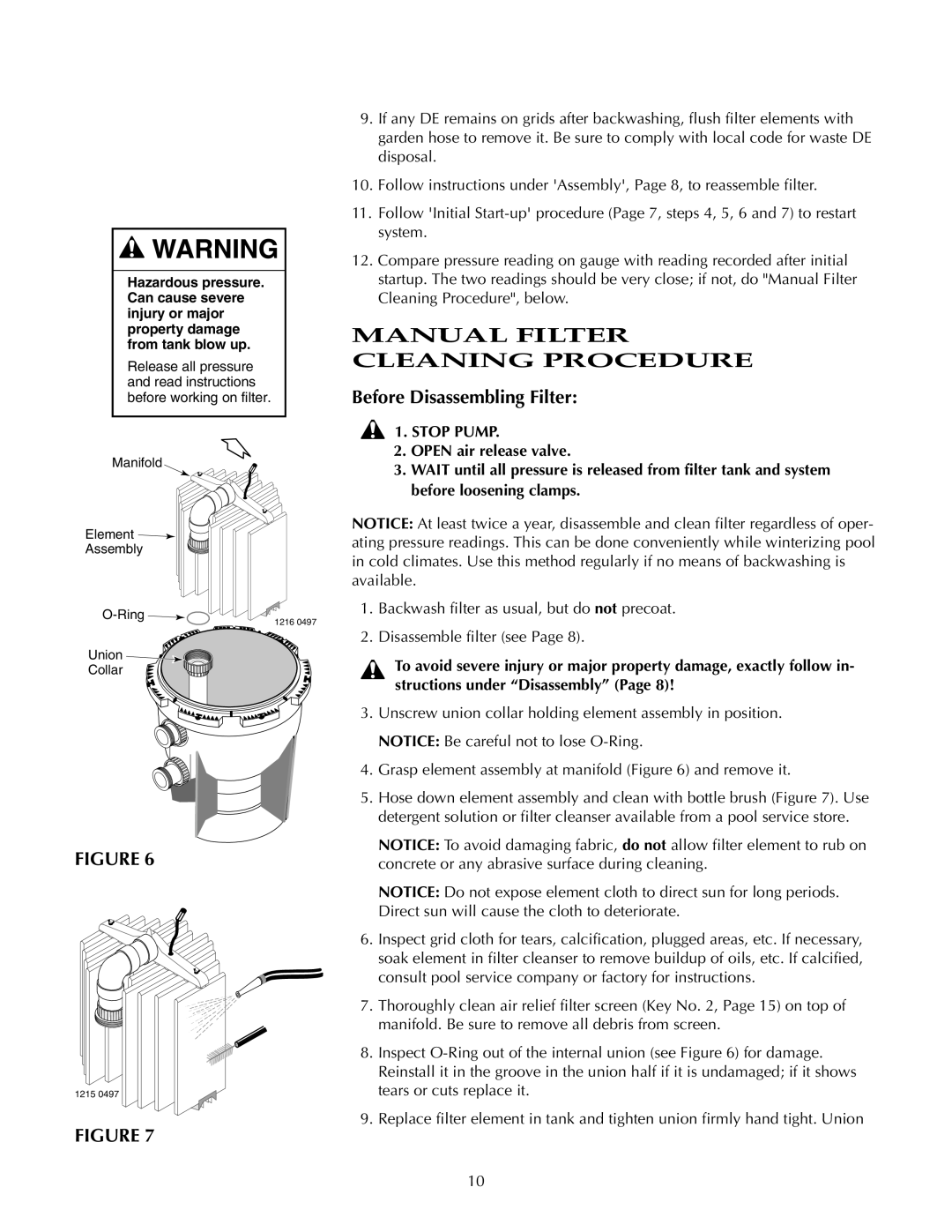 Pentair S8D110, S7D75 owner manual Manual Filter Cleaning Procedure, Before Disassembling Filter 
