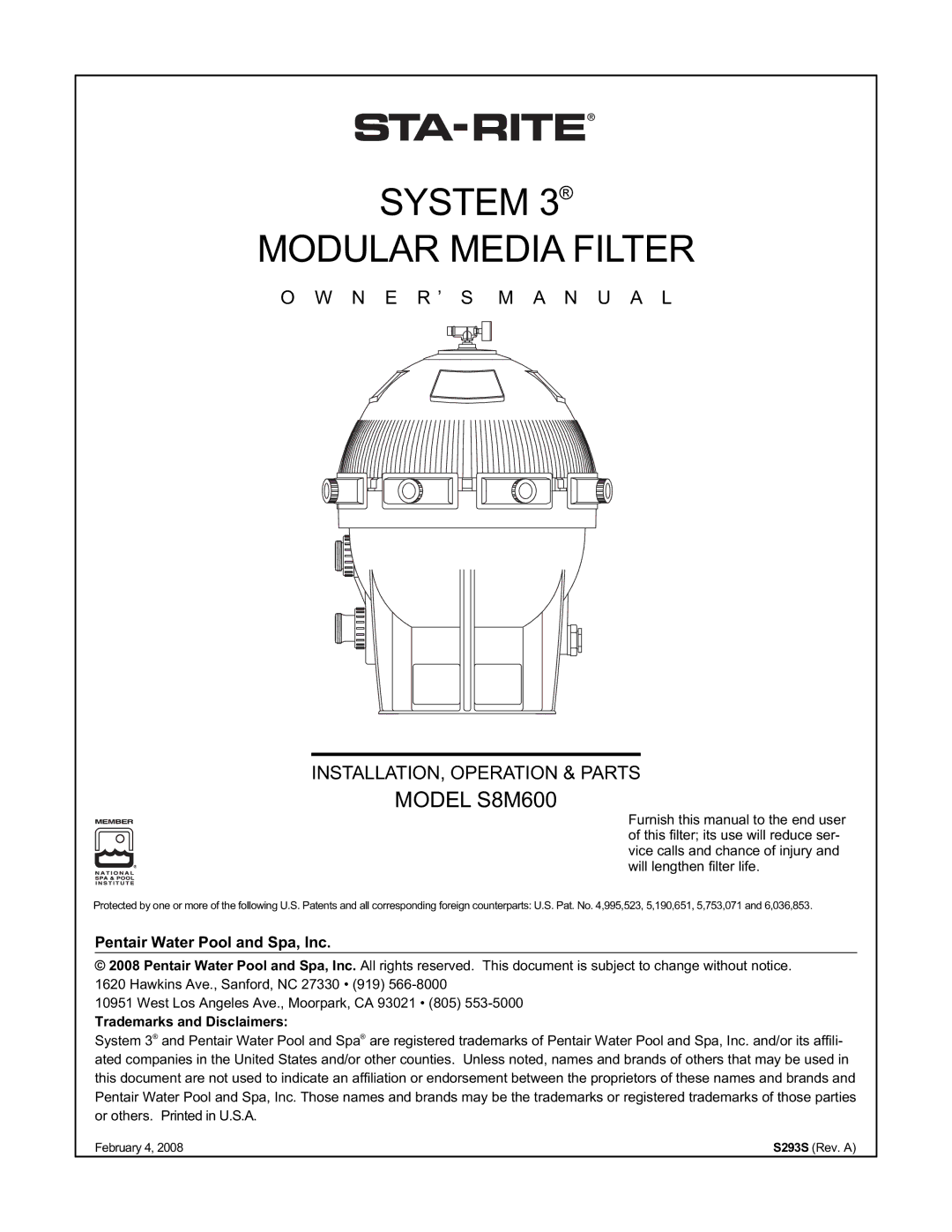 Pentair S8M600 owner manual System Modular Media Filter, N E R ’ S M a N U a L 