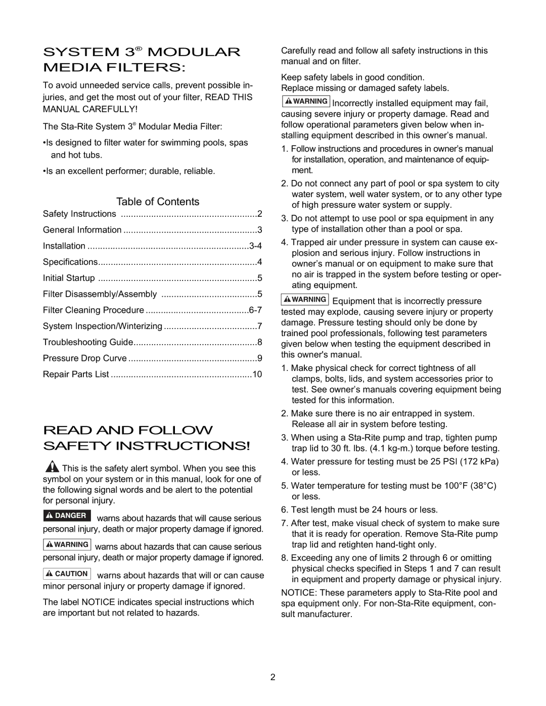 Pentair S8M600 owner manual System 3 Modular Media Filters, Read and Follow Safety Instructions, Table of Contents 