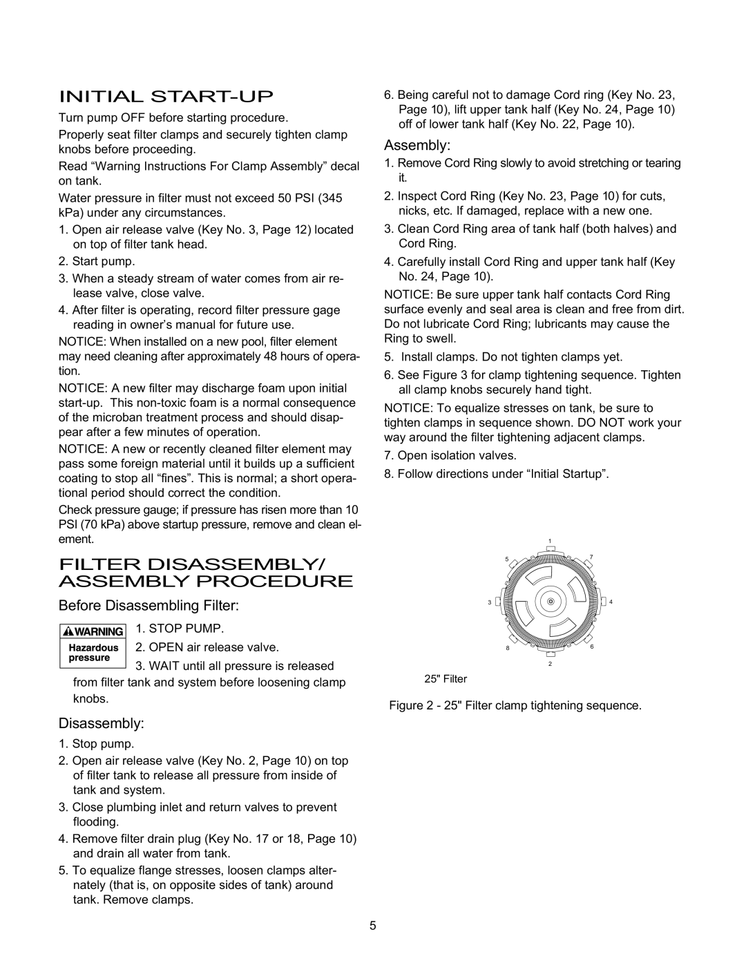 Pentair S8M600 Initial START-UP, Filter DISASSEMBLY/ Assembly Procedure, Before Disassembling Filter, Disassembly 