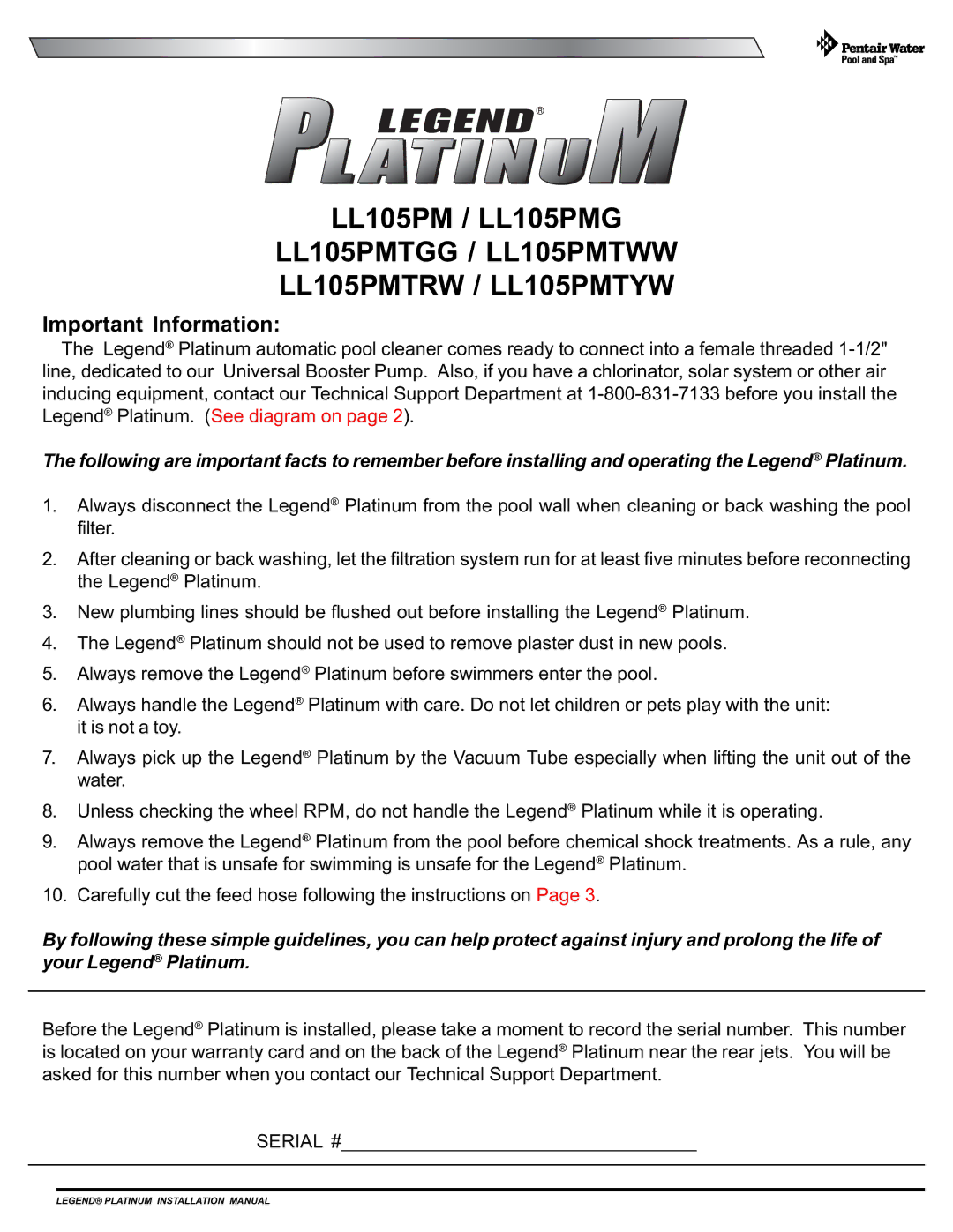 Pentair Side Pool Cleaner installation manual LL105PMTGG / LL105PMTWW LL105PMTRW / LL105PMTYW, Important Information 