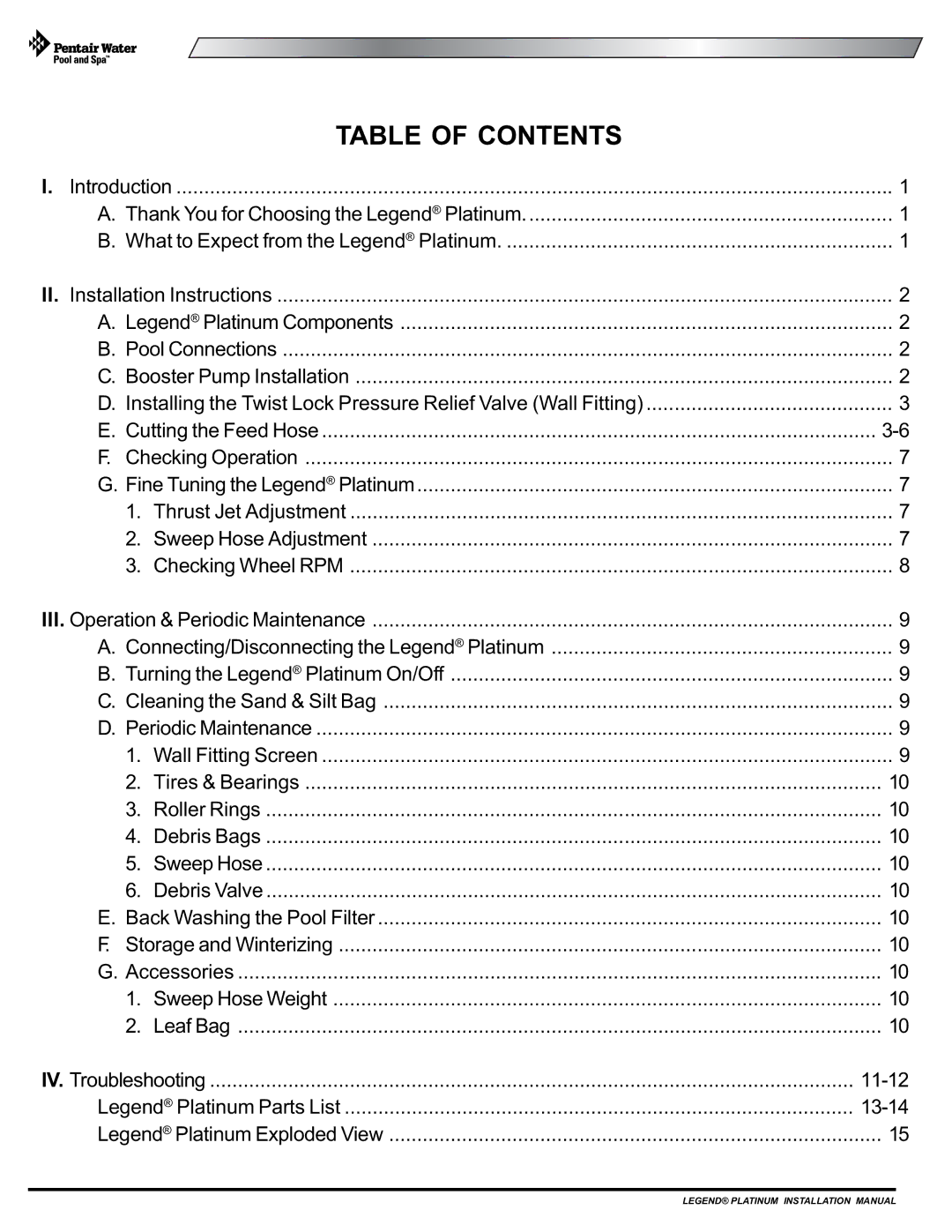 Pentair Side Pool Cleaner installation manual Table of Contents 