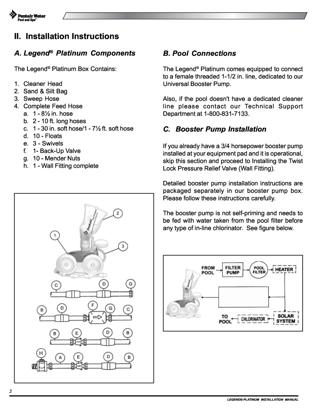 Pentair Side Pool Cleaner II. Installation Instructions, A. Legend Platinum Components, B. Pool Connections 