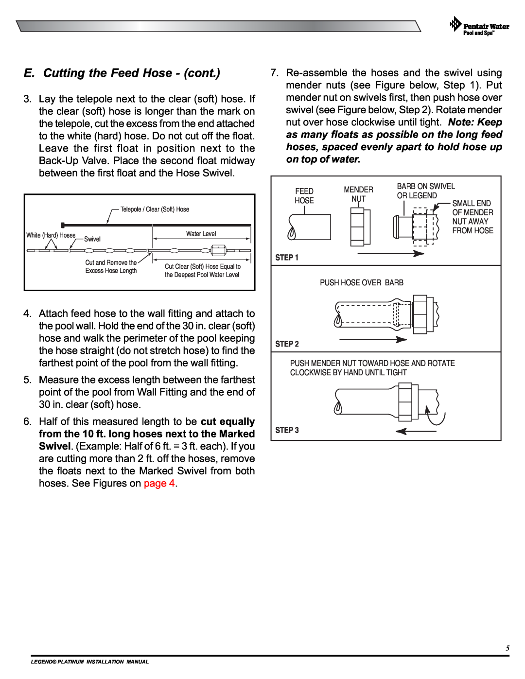Pentair Side Pool Cleaner installation manual E. Cutting the Feed Hose - cont, Step 