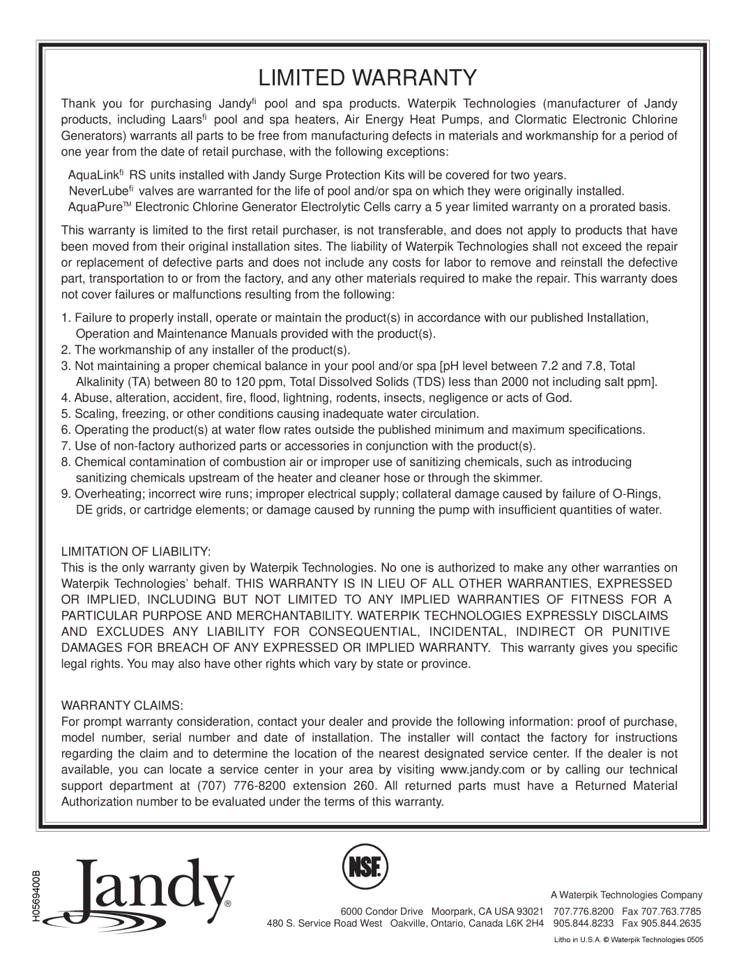 Pentair Slide Backwash Valve operation manual Limited Warranty 