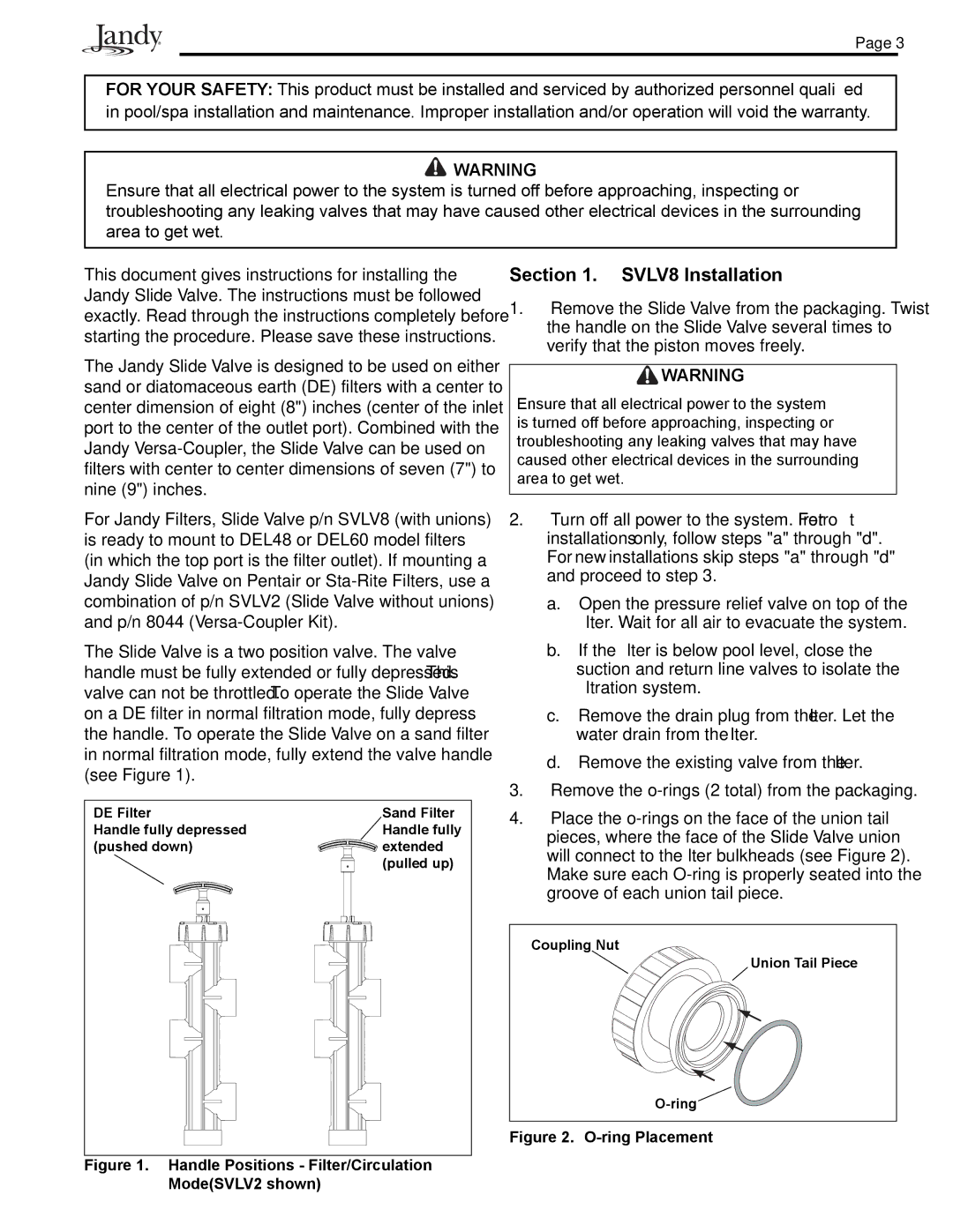 Pentair Slide Backwash Valve operation manual SVLV8 Installation, Handle Positions Filter/Circulation ModeSVLV2 shown 