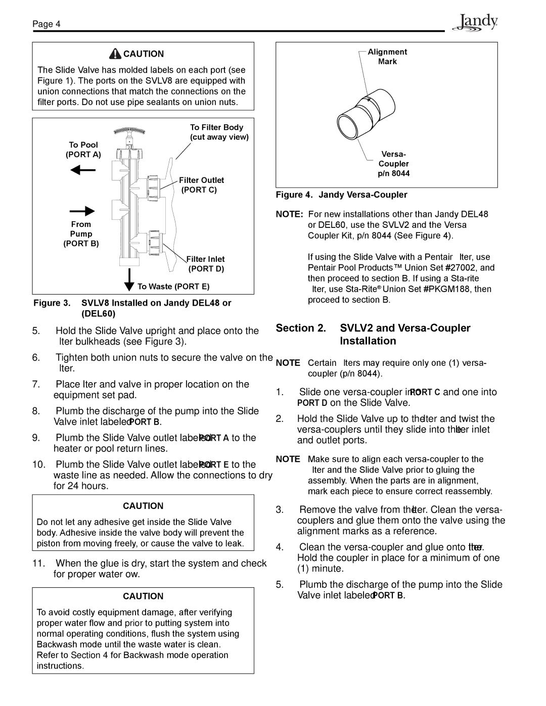 Pentair Slide Backwash Valve operation manual SVLV2 and Versa-Coupler Installation, SVLV8 Installed on Jandy DEL48 or DEL60 