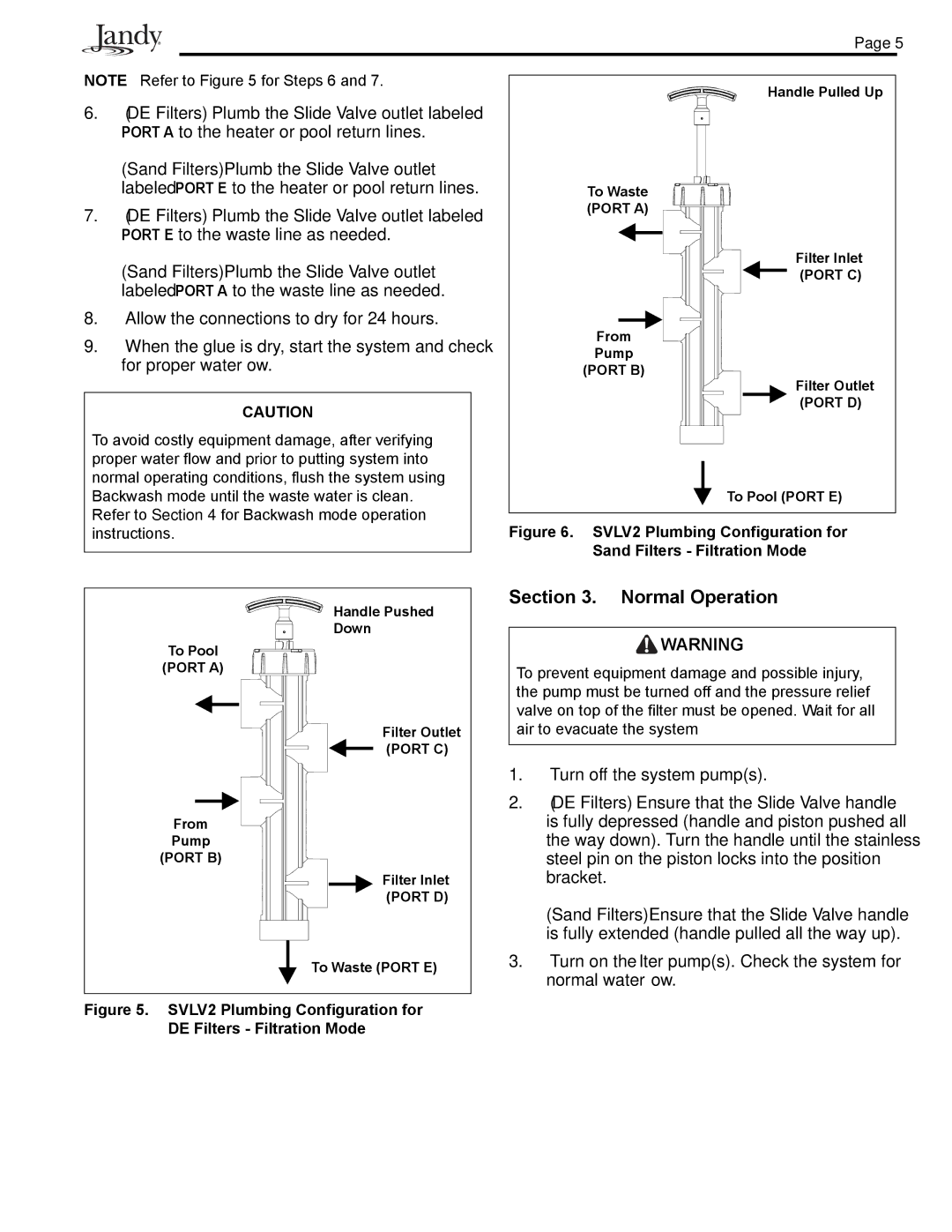 Pentair Slide Backwash Valve operation manual Normal Operation, SVLV2 Plumbing Conﬁguration for DE Filters Filtration Mode 