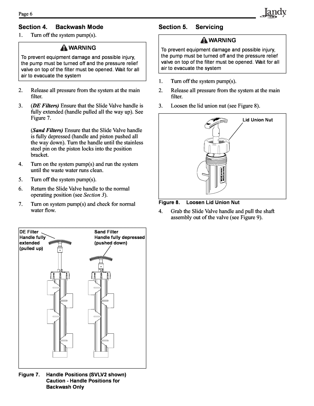 Pentair Slide Backwash Valve operation manual Backwash Mode, Servicing 