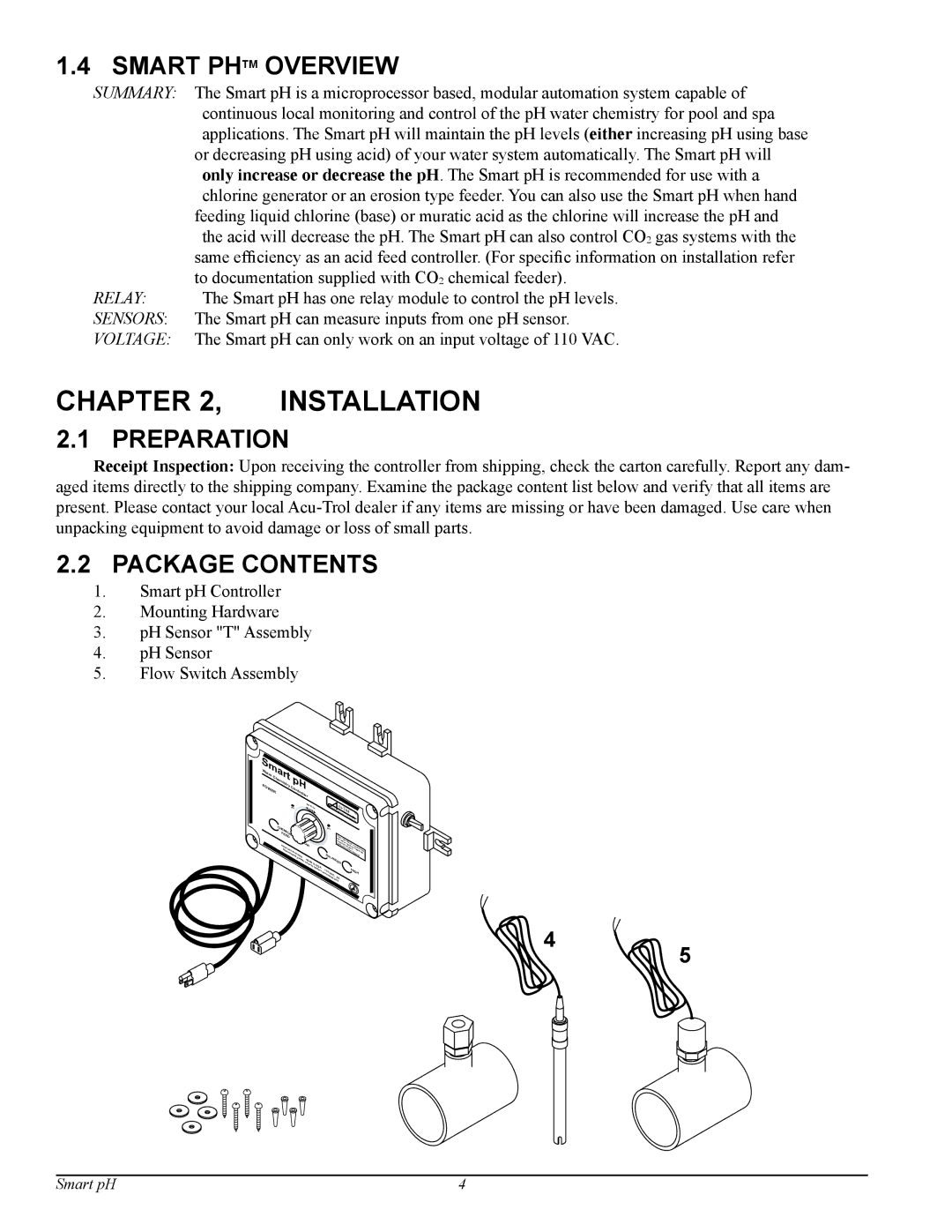 Pentair Smart pH manual Installation, Smart Phtm Overview, Preparation, Package Contents 