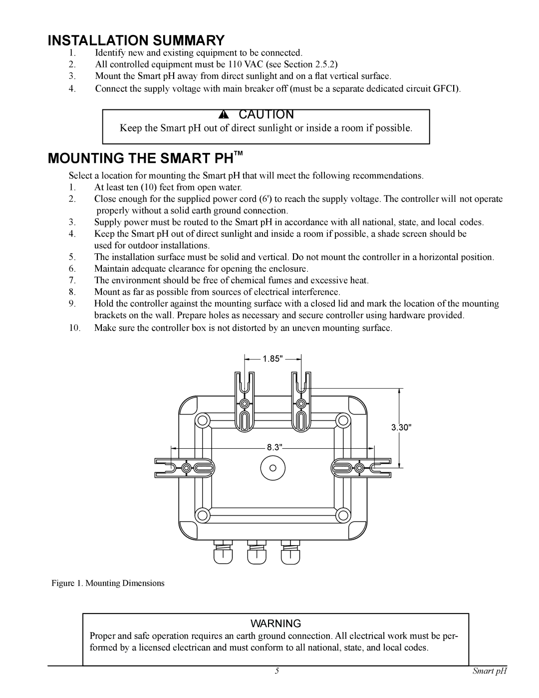 Pentair Smart pH manual Installation Summary, Mounting the Smart Phtm 