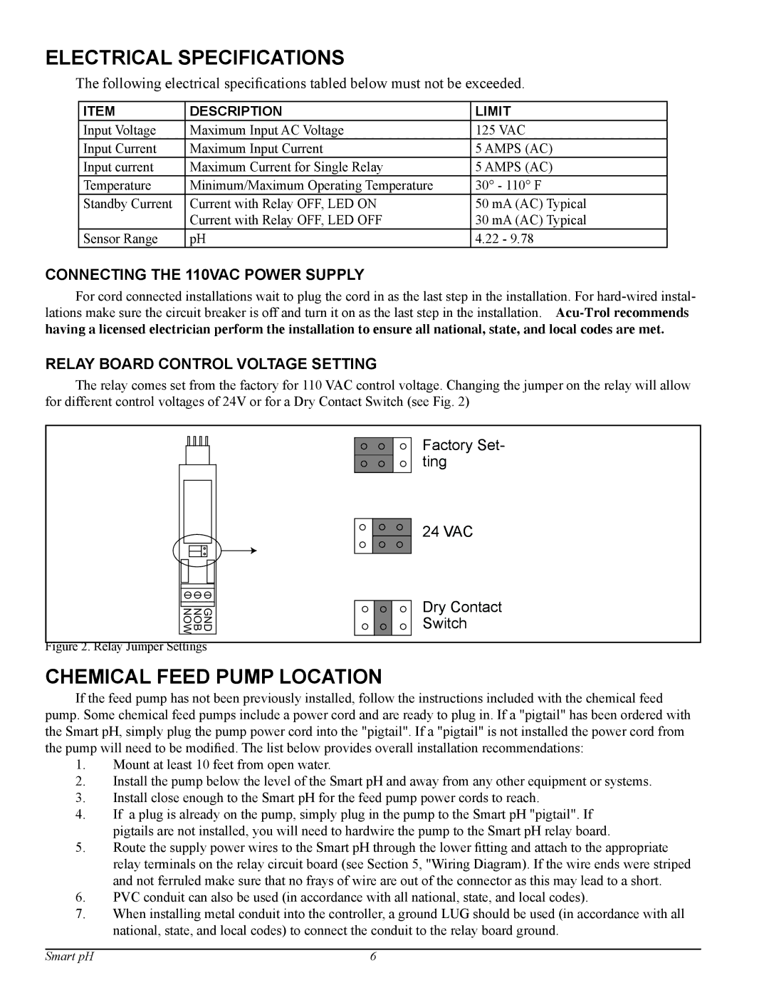 Pentair Smart pH manual Electrical Specifications, Chemical Feed Pump Location 