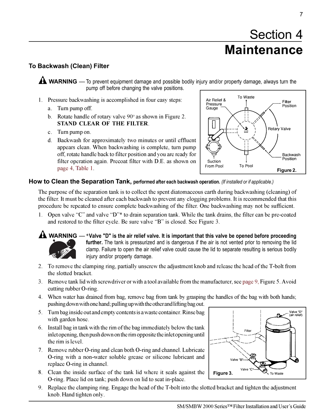 Pentair SM/SMBW 2000 important safety instructions Section Maintenance, To Backwash Clean Filter 