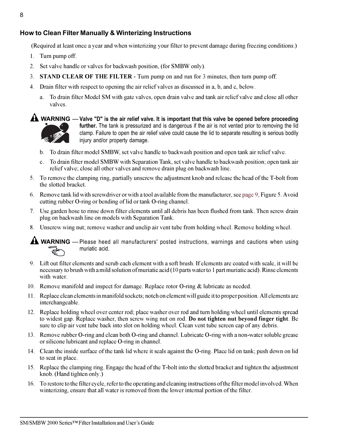 Pentair SM/SMBW 2000 important safety instructions How to Clean Filter Manually & Winterizing Instructions 