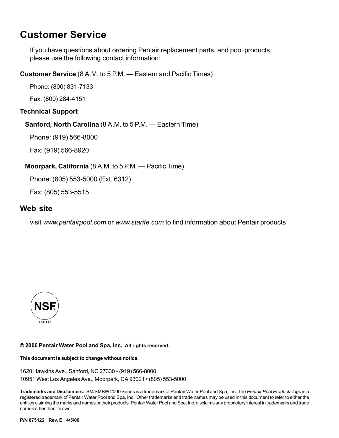 Pentair SM/SMBW 2000 important safety instructions Web site, Phone 800 Fax 800 