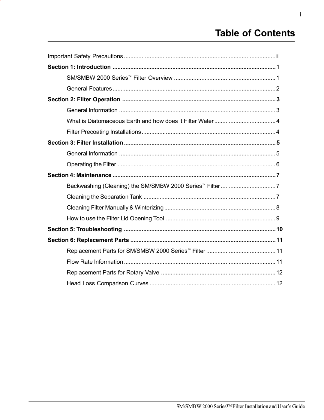 Pentair SM/SMBW 2000 important safety instructions Table of Contents 