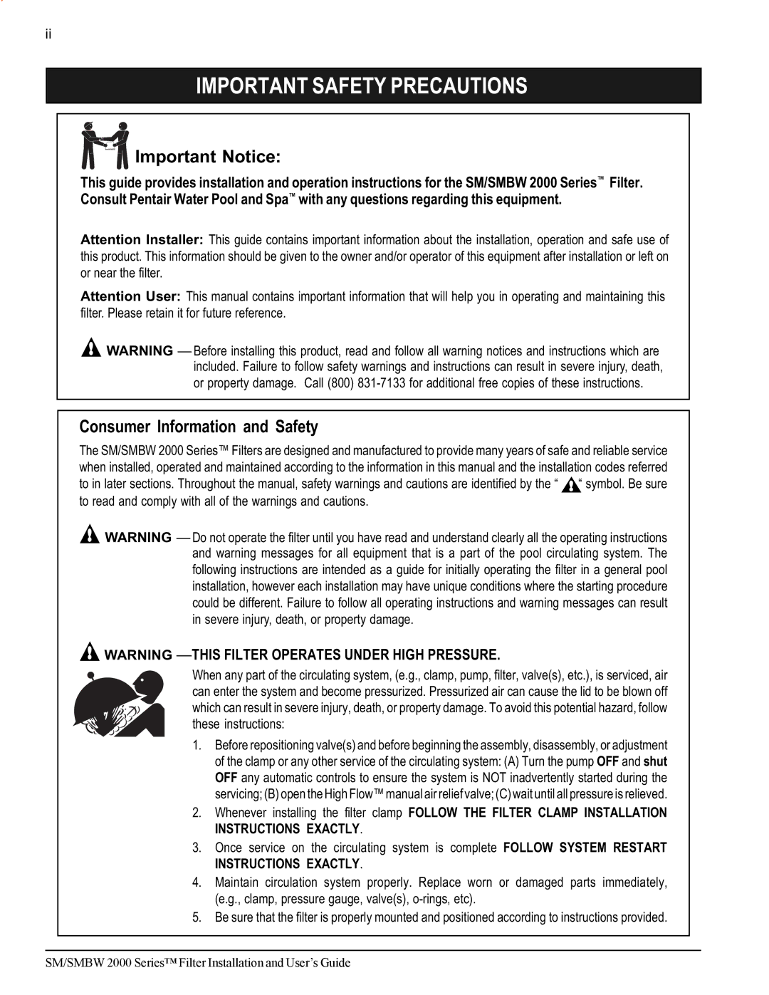 Pentair SM/SMBW 2000 important safety instructions Important Notice, Consumer Information and Safety 