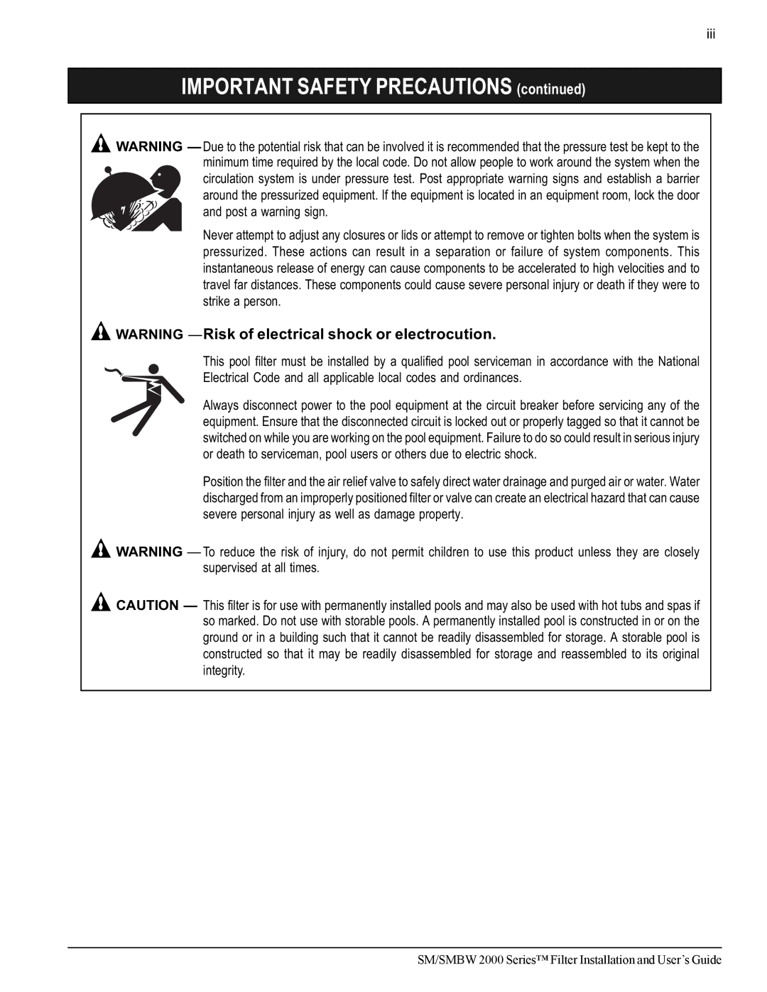 Pentair SM/SMBW 2000 important safety instructions Iii, Post a warning sign 