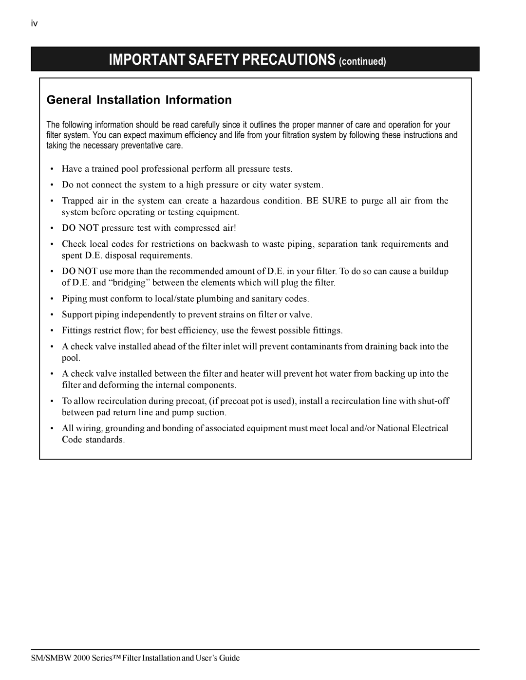 Pentair SM/SMBW 2000 important safety instructions General Installation Information 