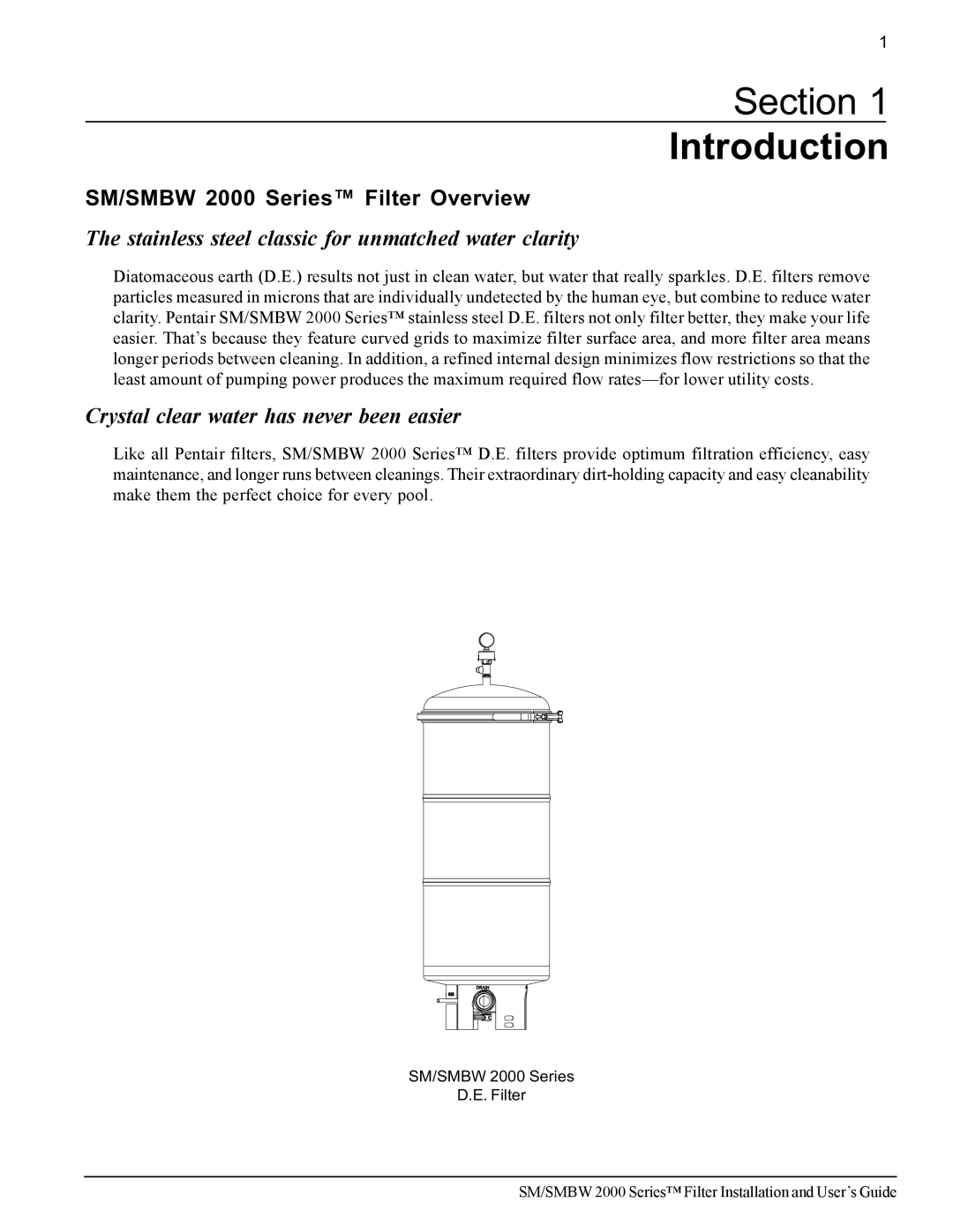 Pentair important safety instructions Section Introduction, SM/SMBW 2000 Series Filter Overview 