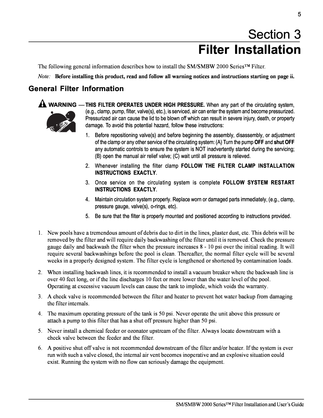 Pentair SM/SMBW 2000 important safety instructions Section Filter Installation, General Filter Information 
