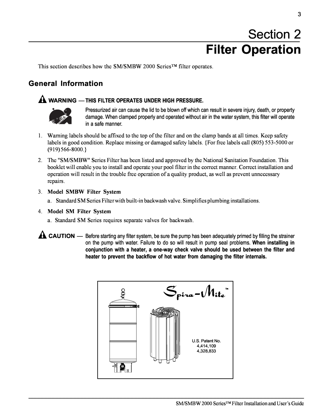 Pentair SM/SMBW 2000 Section Filter Operation, General Information, Model SMBW Filter System, Model SM Filter System 