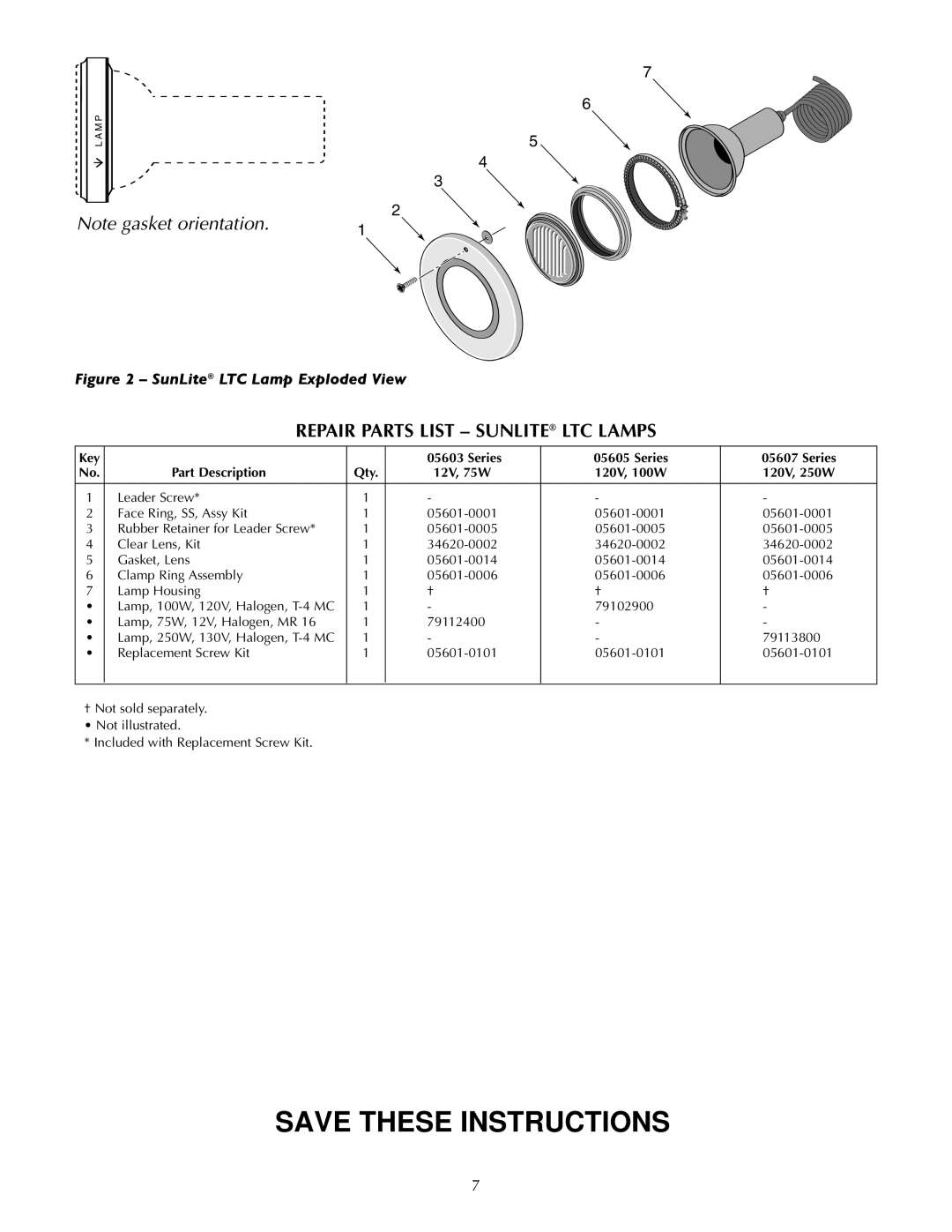 Pentair SunLite LTC Repair Parts List - Sunlite Ltc Lamps, Save These Instructions, Note gasket orientation, 7 6 5, Series 