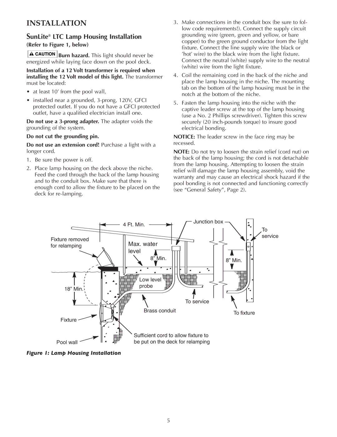 Pentair owner manual SunLite LTC Lamp Housing Installation 