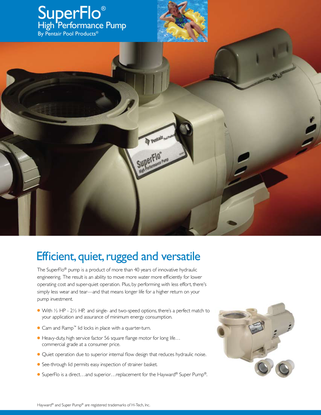 Pentair SuperFlo manual Efficient, quiet, rugged and versatile, High Performance Pump 