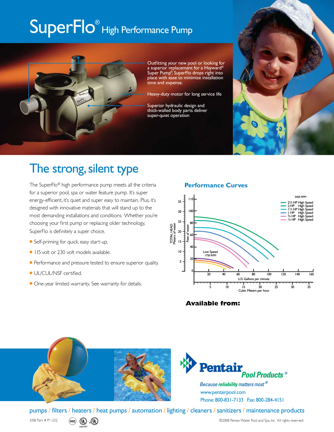 Pentair manual Strong, silent type, SuperFlo High Performance Pump, Performance Curves, Available from 
