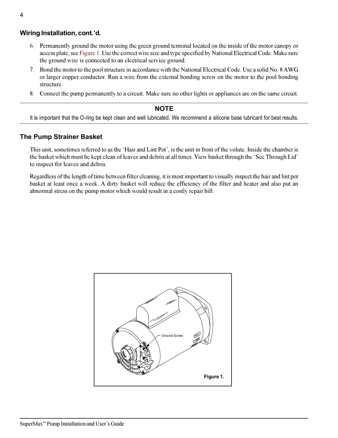 Pentair SuperMax important safety instructions Wiring Installation, cont.’d, Pump Strainer Basket 