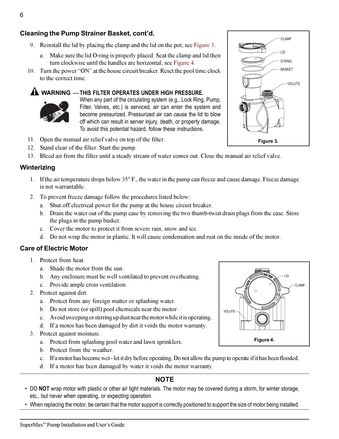 Pentair SuperMax Cleaning the Pump Strainer Basket, cont’d, Winterizing, Care of Electric Motor 