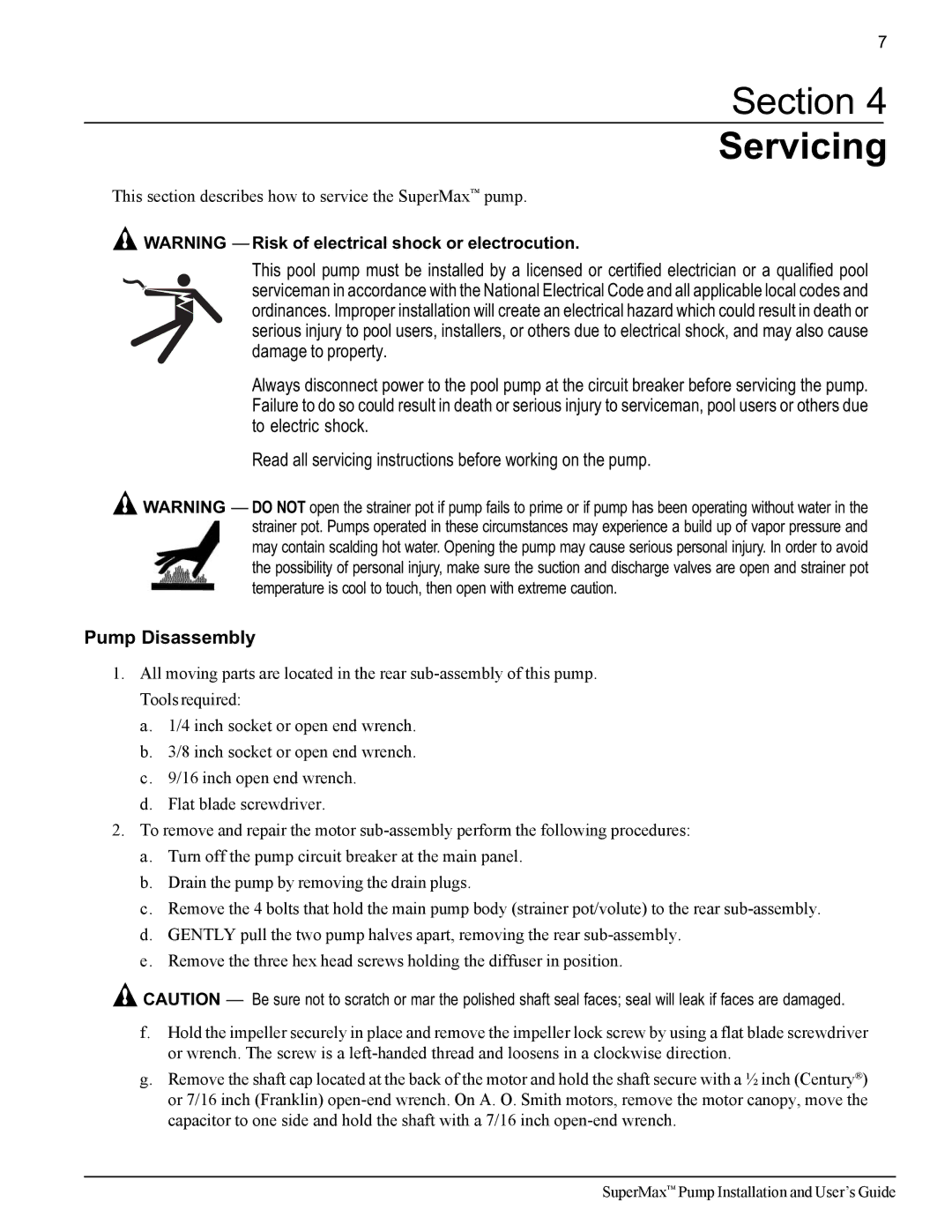 Pentair SuperMax important safety instructions Section Servicing 